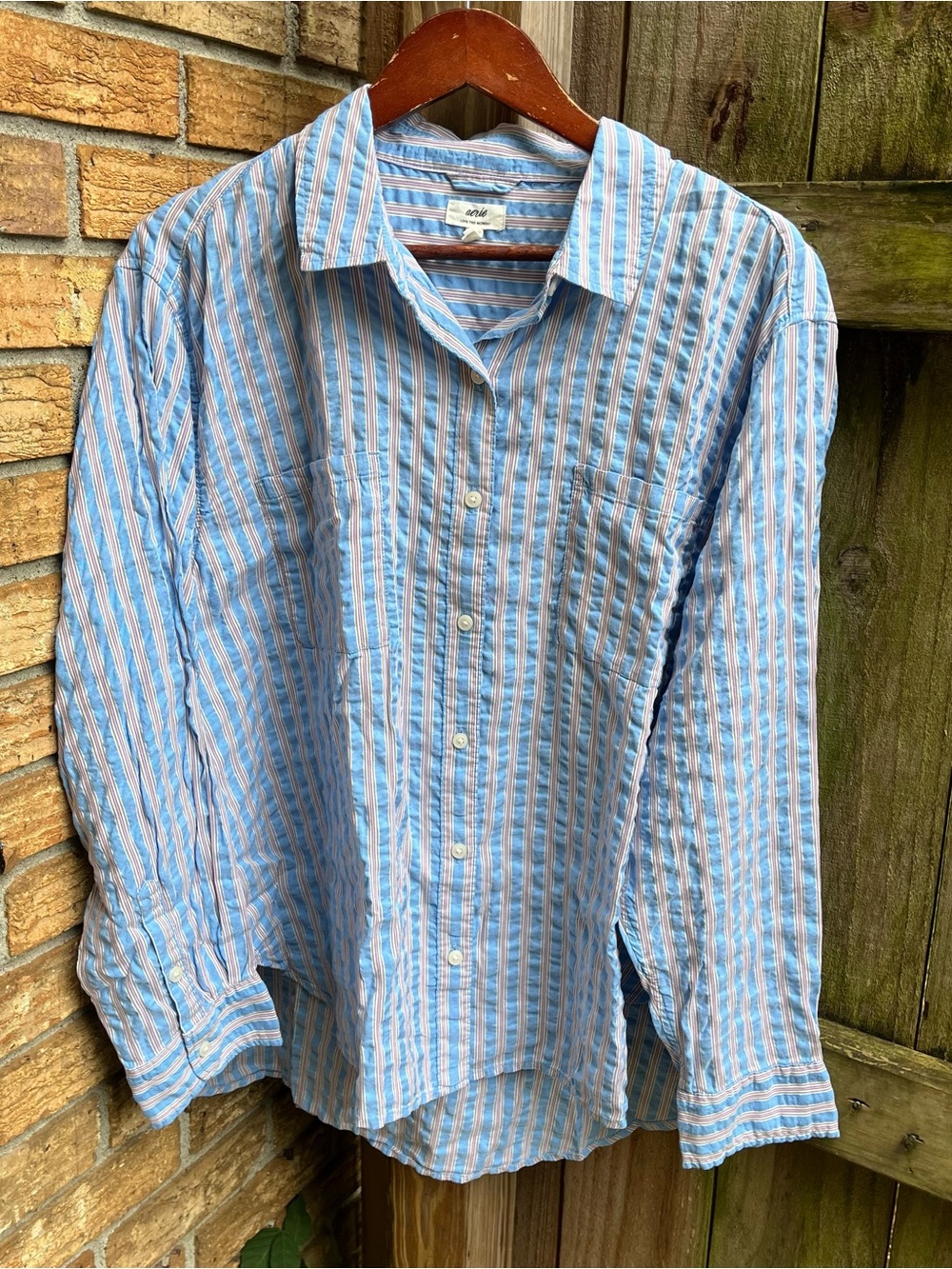 Aerie Light Blue, White & Tan Striped Button-Down Shirt